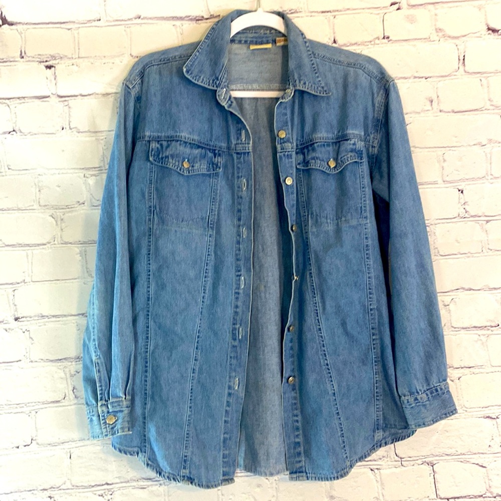 Crossroads silver accented buttons long sleeve denim shirt